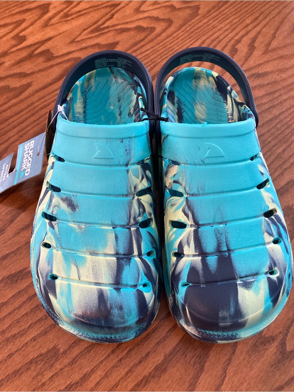 NWT Rugged Shark Aqua Blue Tie Dye Marble Print Boys Slip-On Clogs, Sz 5